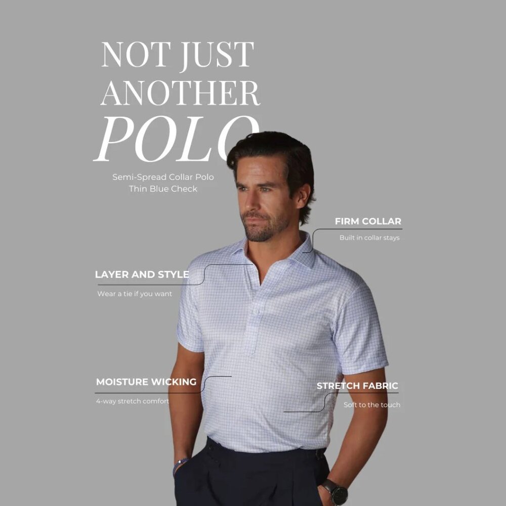 Collars & Co Semi-Spread Collar Short-Sleeve Golf Polo, Thin Blue Check - Picture 2 of 12